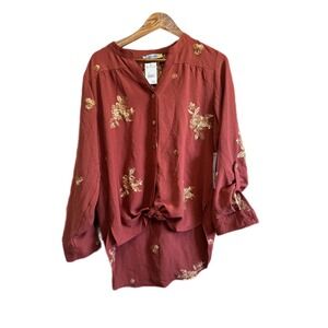 Figueroa & Flower Blouse Women L Burgundy New Floral Embroidered Tie Front